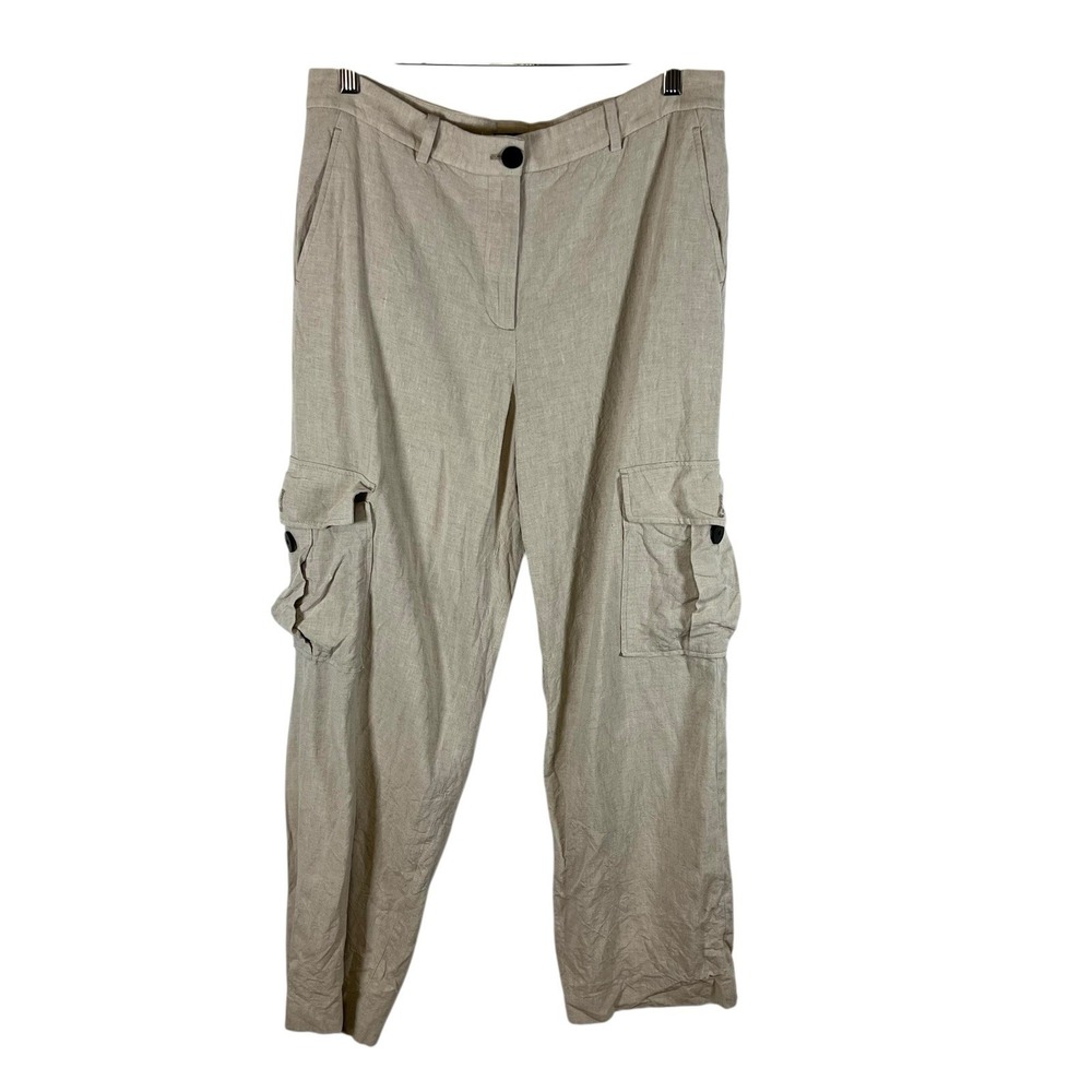 Massimo Dutti Linen Blend Tan Cargo Leg Sz 10 Pants‎ High Waist Resort Vacation